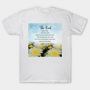 God's Blessing Prayer -  Numbers 6:24-26  Bible Verse - Blessing Scripture with White Flowers and Blue Sky T-Shirt